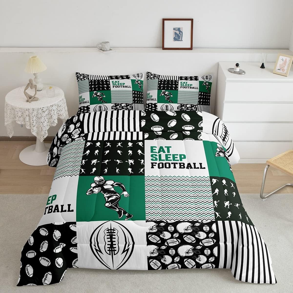 YST Kids Football Comforter Set Twin Eat Sleep Football Bedding Set Sports Game Sketch Quilt for