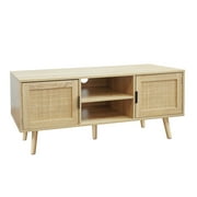 Eumyviv Farmhouse TV Stands for 55 Inch TV,Wood Media Entertainment Center Cabinet Console Table with 2 Rattan Doors, Natural Oak, H0015