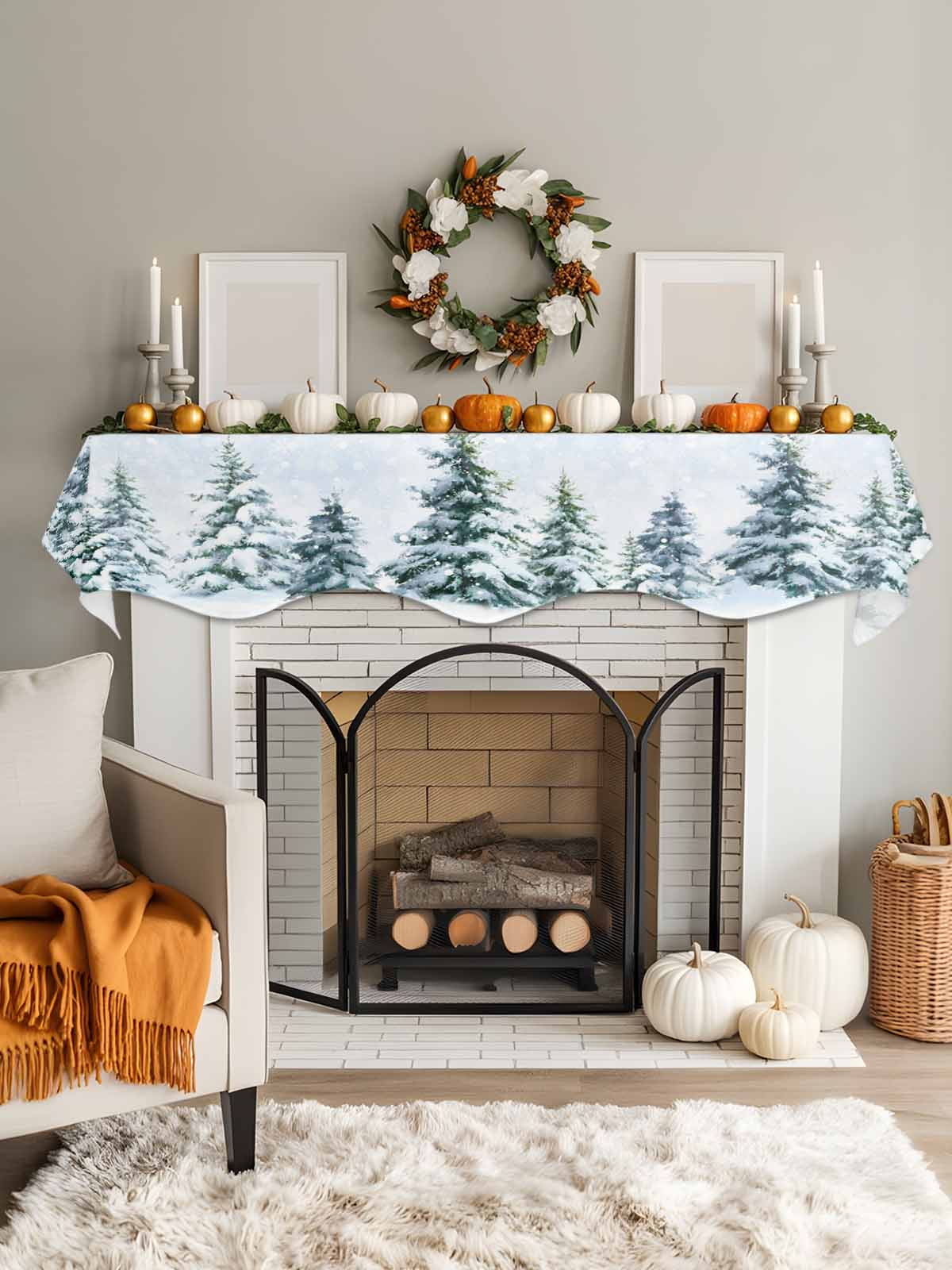 Christmas Tree Fireplace Mantle Scarf Winter Snow Scene Pine Trees Forest Farmhouse Mantel Cover Runner Fireplace Cloth for Holiday Party Home Living Room Decor 90 x 17 Inch