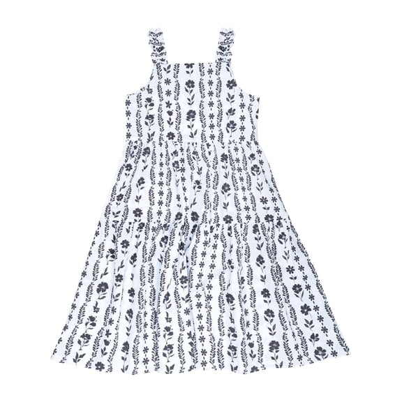 Girls Summer Boho Maxi Dress, Black and White Floral Tiered Sundress with Ruffle Straps for Toddler & Little Girls (4-5Y)