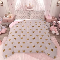 jejeloiu Kawaii Loves Pattern Bedding Comforter Set,Cute Heart Print Twin Comforter Sets,Pink Gold Bedding Set For Girls Teens,Super Cozy Room Decor Reversible,2-Piece