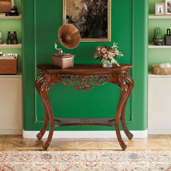 38-Inch Vintage Carved Console Table, 2-Tier Distressed Brown Entryway Table with Hollow Floral Motifs, Victorian Style for Living Room & Hallway