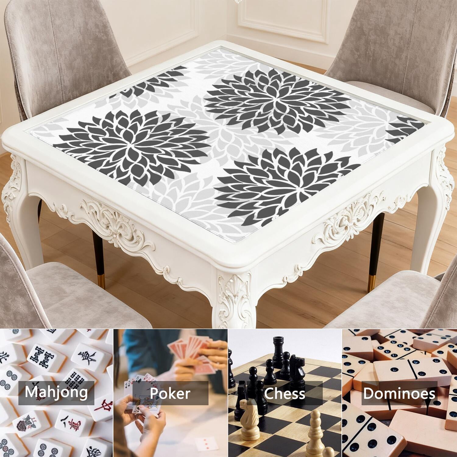 Traditional Boho Style Rubber Game Room Cover 31.5 Inch Square Large Mahjong Table Mat with Non-Slip Backing and Noise Dampening for Tiles and Cards