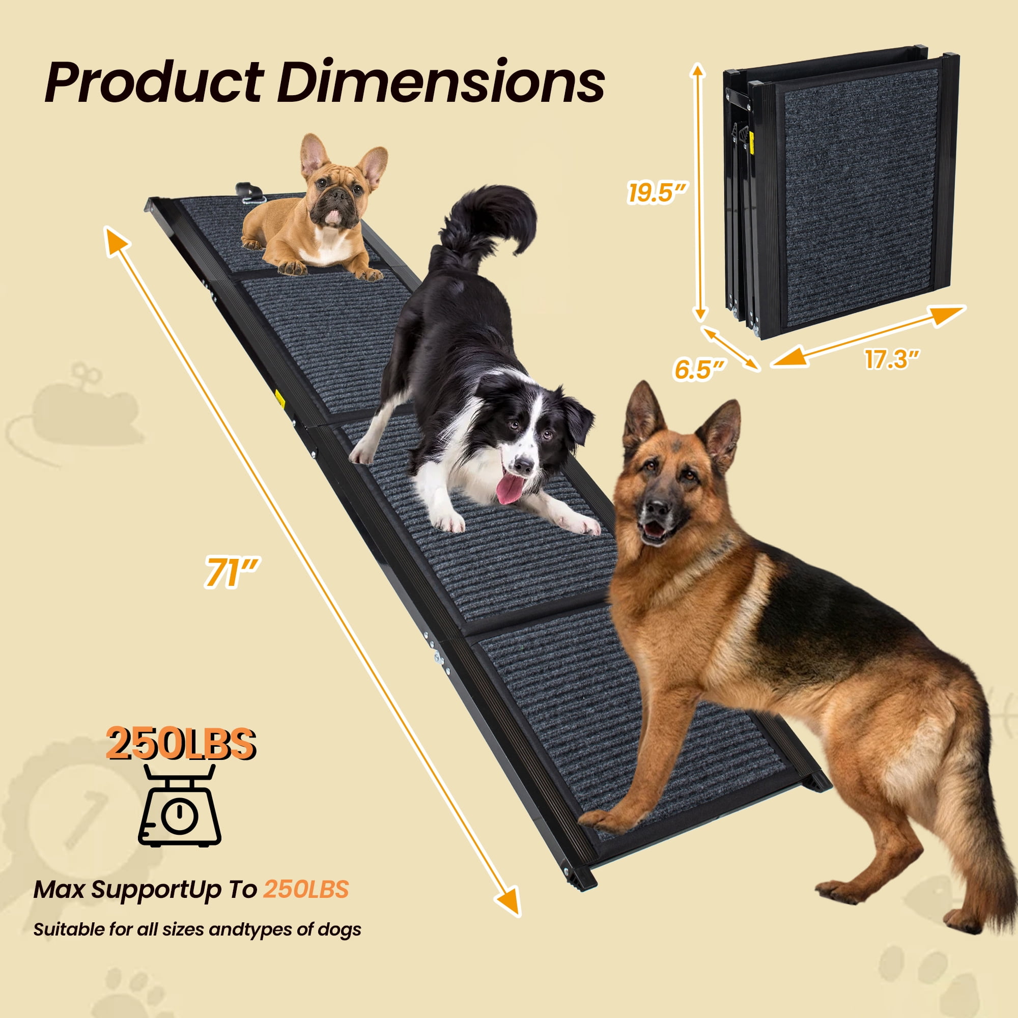 Folding Dog Ramp for Cars, 71" Long & 17.3" Wide Portable Dog Ramps for Large Dogs with Non-Slip Rug Surface Dog Car Ramp for SUV Car & Truck, Supports up to 250 lbs
