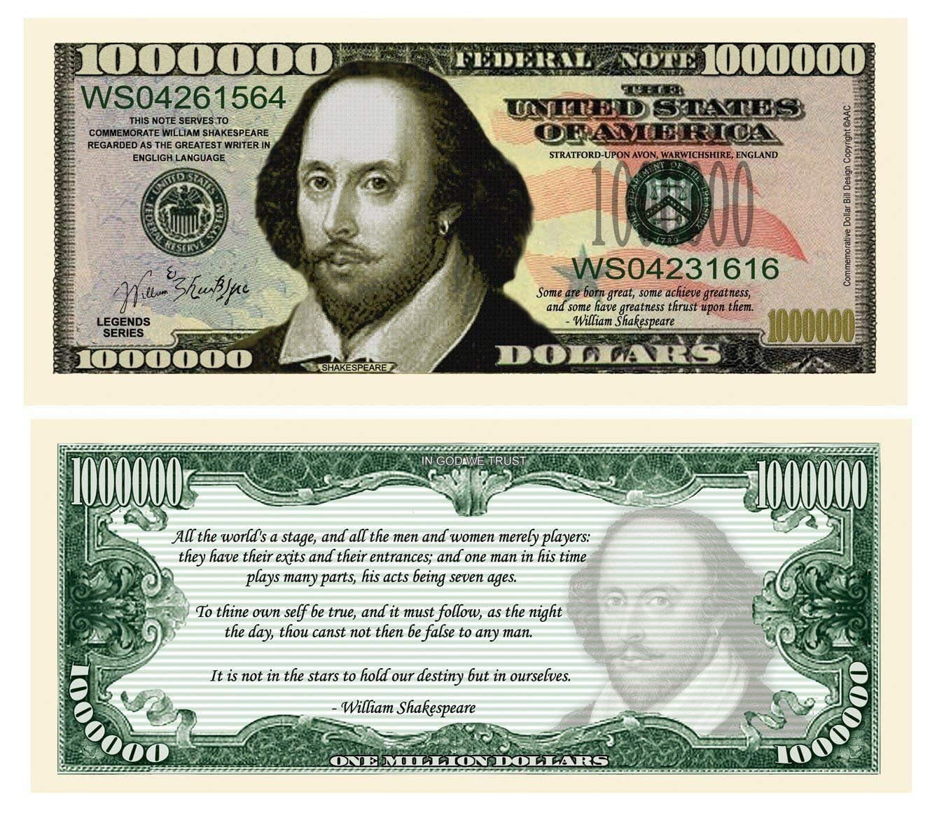 100 William Shakespeare Million Dollar Bill With Bonus Thanks A Million Gift Card Set Walmart Com Walmart Com