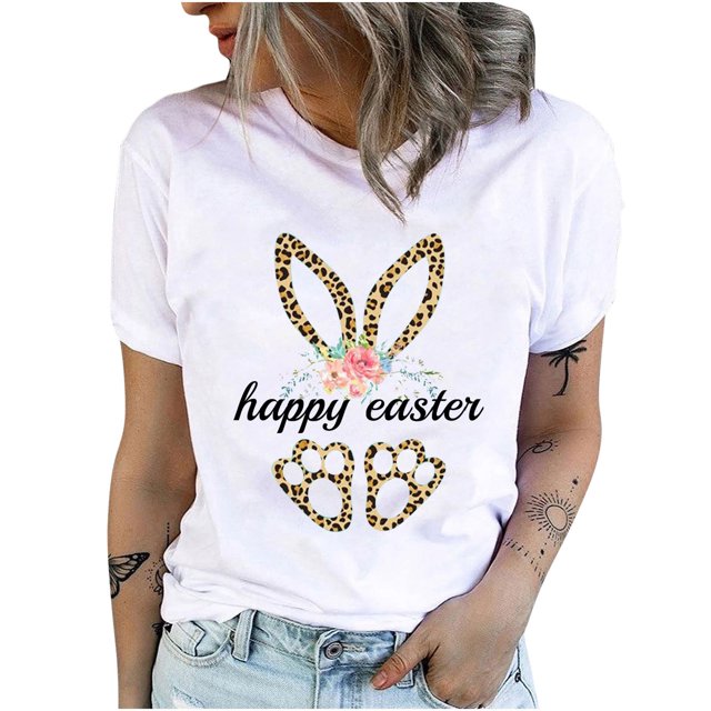 RKSTN Hauts pour Femmes 2024 Col Rond Manches Courtes Mignon Lapin de Pâques Imprimé T-Shirt Mode Été Coupe Décontractée Blouse Unie
