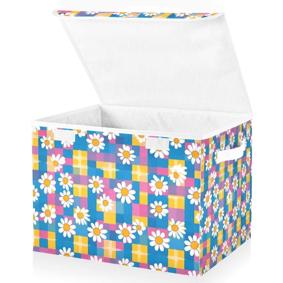 Yayeee Collapsible Cube Storage Bin with Lid Fabric Closet Decorative Basket with Handles, Blue Checkered Daisy