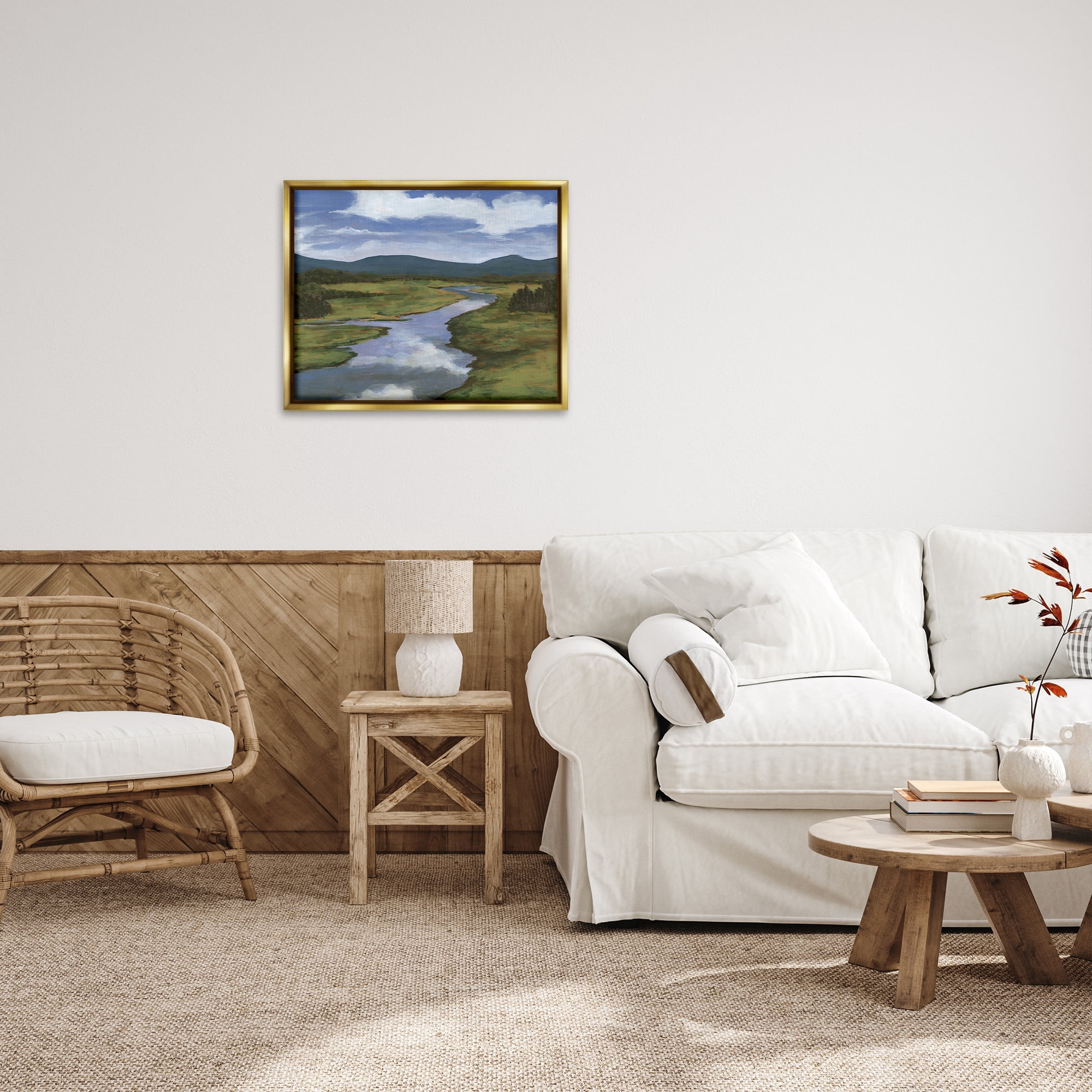 Stupell Industries River with Cloud Reflection Landscape Painting Gold Floater Framed Canvas Art Print Wall Art, 31 x 25