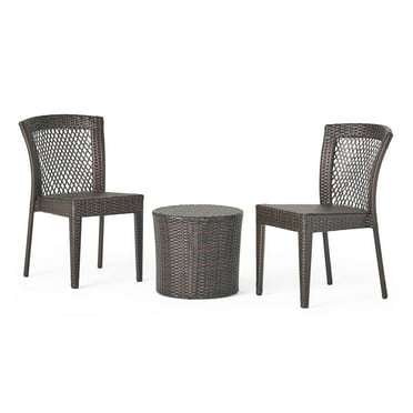 GDF Studio Capella Outdoor 3 Piece Wicker Stacking Chair Chat Set with Round Drum Table, Multibrown