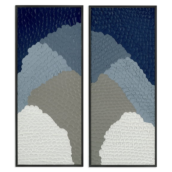 Stupell Industries Textured Blue Abstract Mountains Abstract Painting Black Framed Art Print Wall Art, 10 x 24, Set of 2