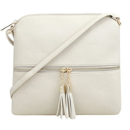 - DELUXITY Lightweight Medium Crossbody Bag with Tassel and Zipper Pocket (Beige)