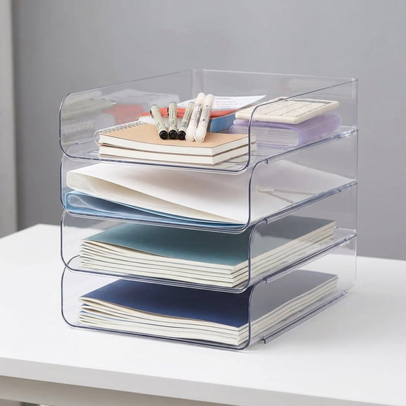 Modular Stackable Desk Organizer, Set of 4 Clear PET Letter Trays for Paper, Documents, Pens & Office Supplies - Space Saving Office Storage
