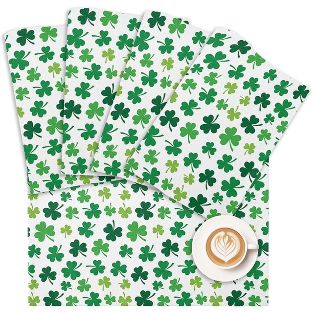 St Patricks Day Green Shamrocks Clover Placemats Set of 4, Cotton Linen Heat Resistant Table Mats Washable Spring Holidays Decorations for Kitchen Dining Table