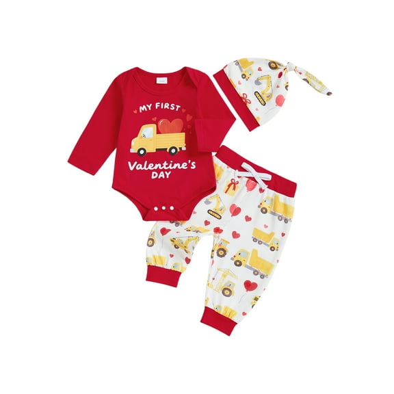 BemeyourBBs Newborn My First Valentines Day Outfit Baby Boy Outfits Letter Romper Excavator Pants Set Hat Cute Infant Spring Clothes