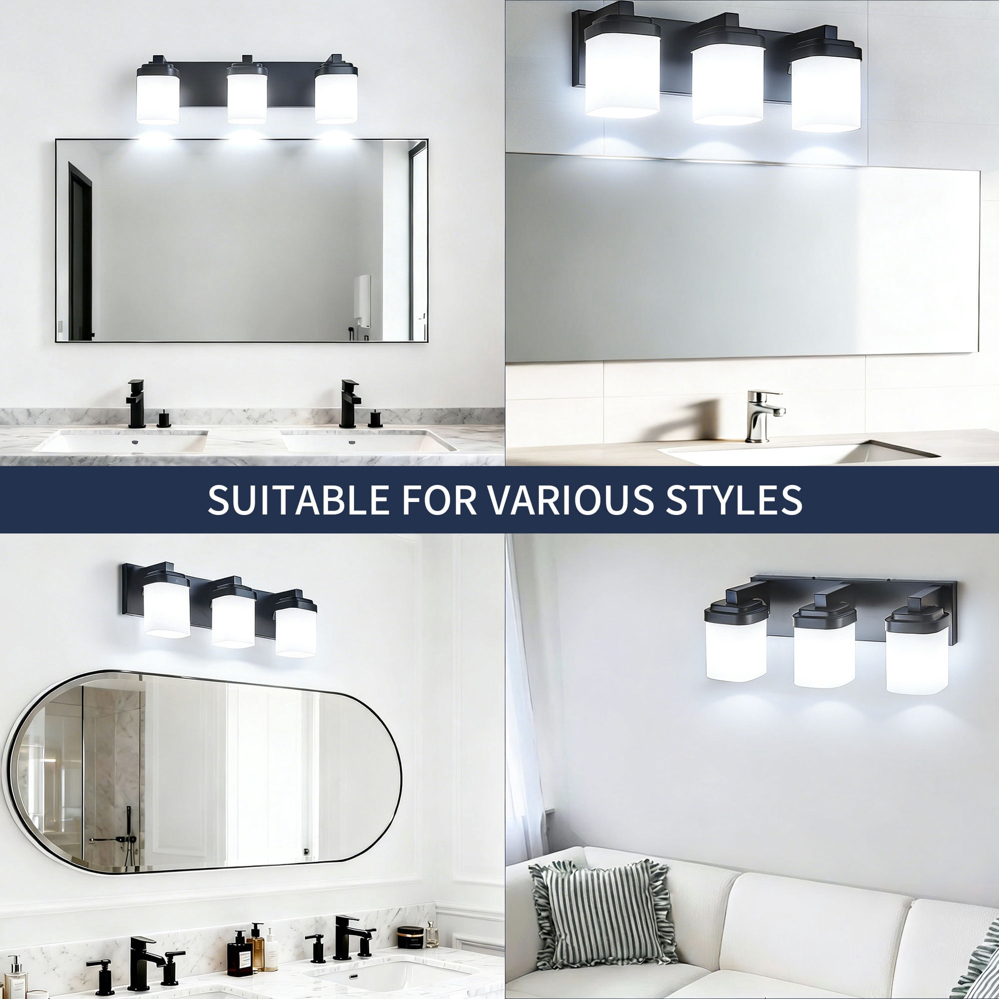 Bathroom Light Fixtures Over Mirror, 3-Light Modern Matte Black Vanity Lights with White Frosted Glass Shade, Bathroom Wall Lamp Sconces for Mirror Bedroom, Living Room Hallway Small Space