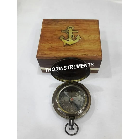 Nautical-Antque Rose London Push Buton Working-Compass-With-Leather-Case
