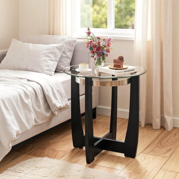 GVN 24 Inches Round Side Table Modern Accent Table with Tempered Glass Top Solid Rubber Wood Base for Living Room Bedroom Home Decor Furniture, Black