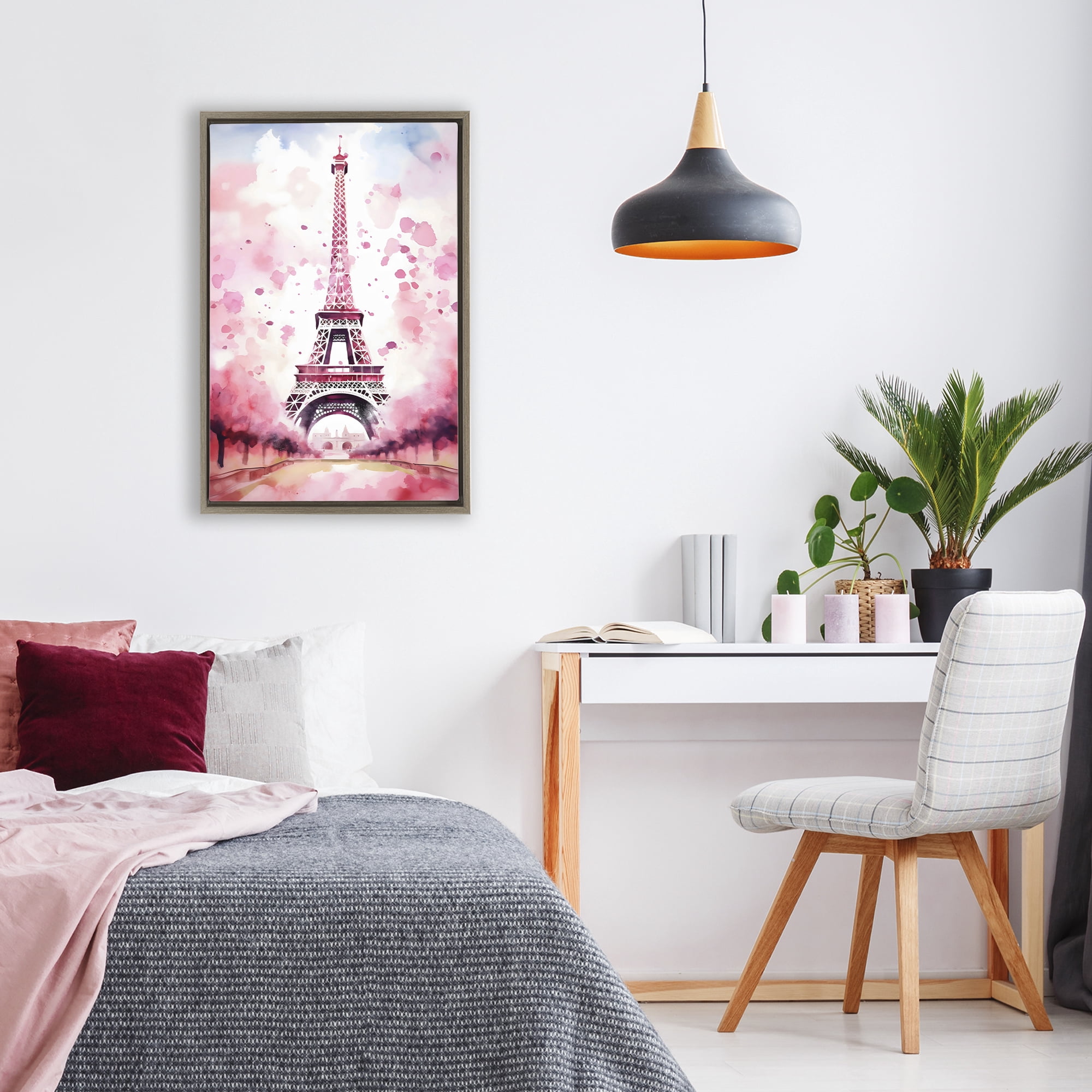 Stupell Industries Blush Watercolor Eiffel Tower Brown Framed Floater Canvas Wall Art, design by Creative Studio