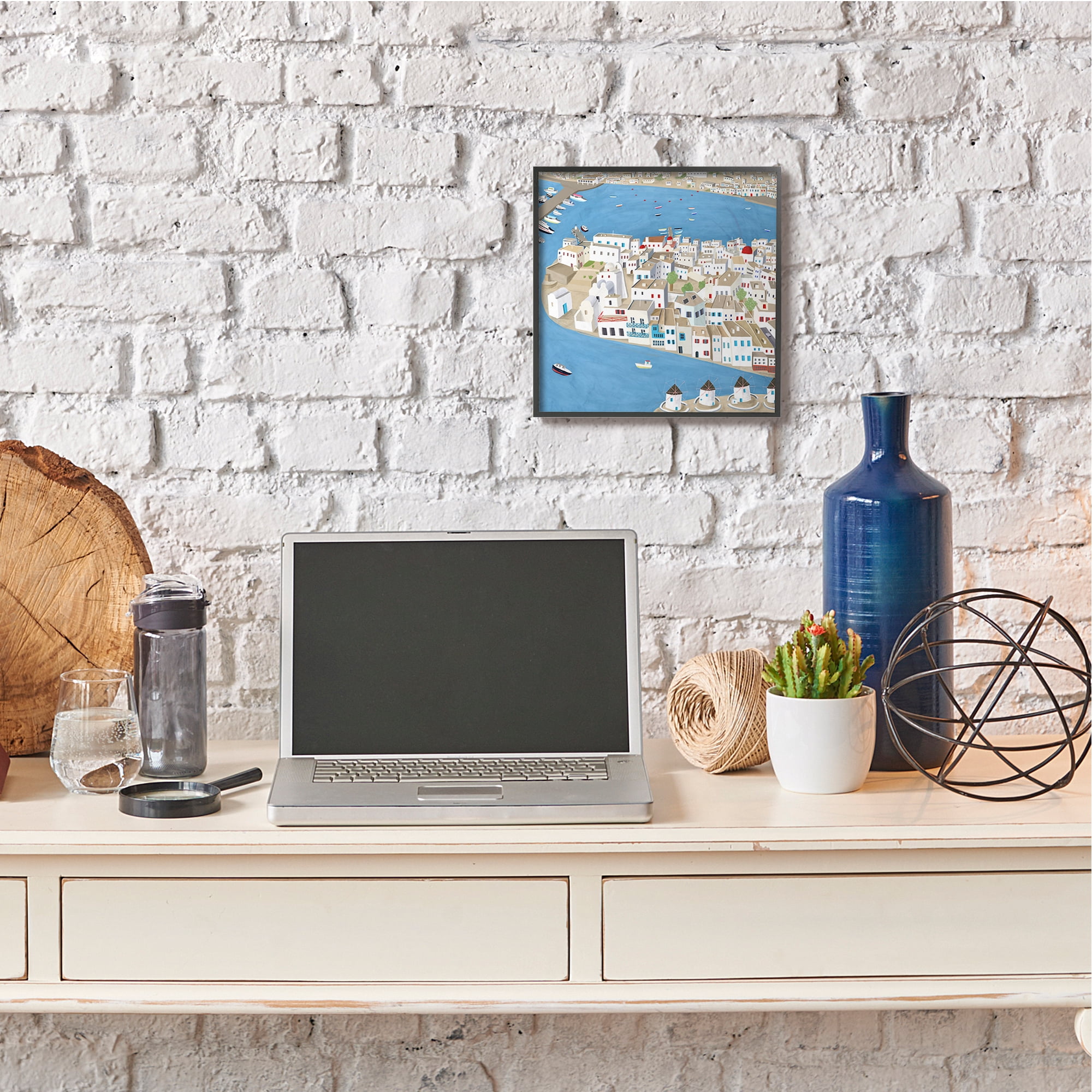 Stupell Industries Mykonos Coastal Port Cityscape European City Black Framed, 12 x 12, Design by Carla Daly