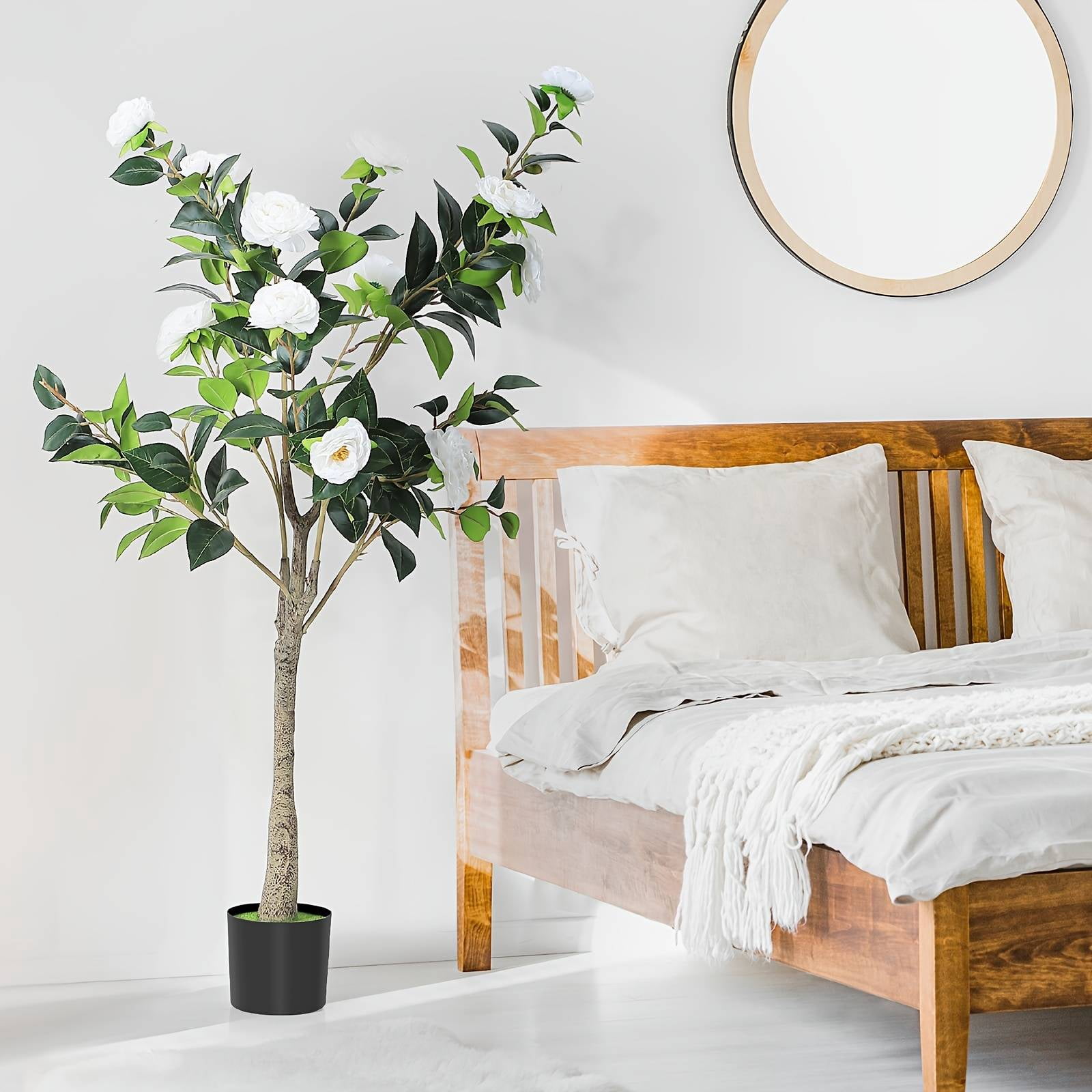 2 Pack 4FT Artificial Camellia Flowers Tree, Fake Camellia Plant Potted with Faux Greenery Leaves, Realistic Blooming Faux Floral Tree for Indoor Outdoor Home Decor, Yard Patio Office Porch White
