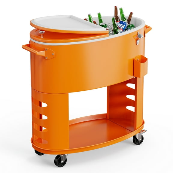 Ktaxon 70QT Ice Coller Cart, Patio Ice Chest on Wheels with Bottle Opener & Ice Scoop, for Outdoor Party Camping Picnic, Orange