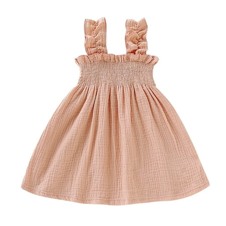 

MPWEGNP Toddler Kids Girls Solid Cotton Linen Sleeveless Beach Straps Dress Ruffles Princess Dresses Clothes Girl Dress 4 Toddler Christmas Dresses for Girls 10-12