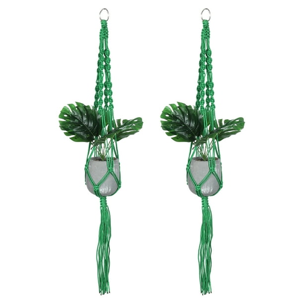 Soportes de plantas de macramé Uxcell para interiores, estante para plantas colgante con base de madera resistente para colgar en la pared, techo o ventana, paquete de 2 en verde