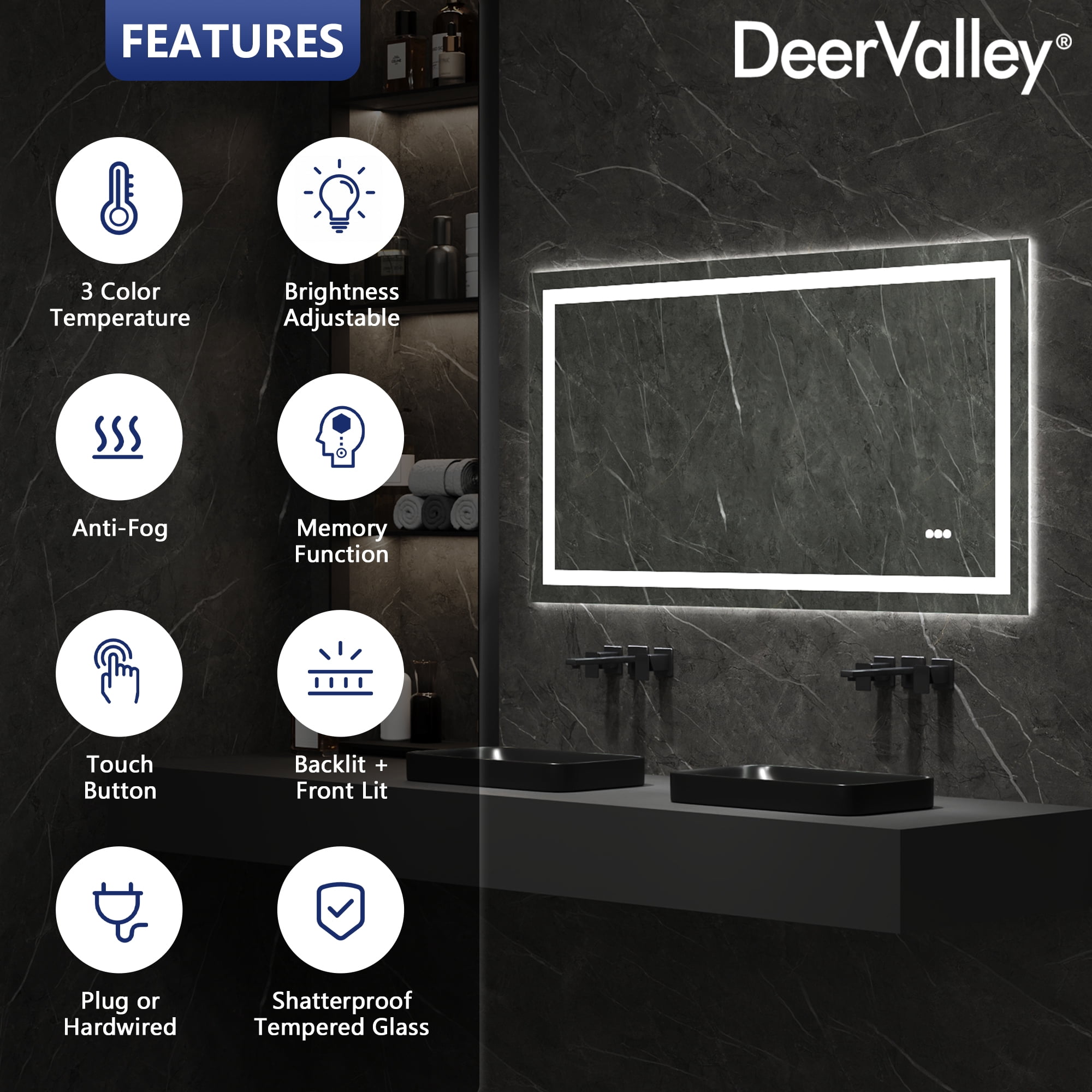 Deervalley 55"X 30" LED Bathroom Mirror With Lights, 1.5X Anti-Fog, Front And Backlit Frameless LED Mirror