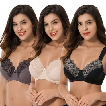 Curve Muse Plus Size Unlined Minimizer Underwire Bra with Embroidery Lace-3 Pack-GREY,PINK,BLACK-42B
