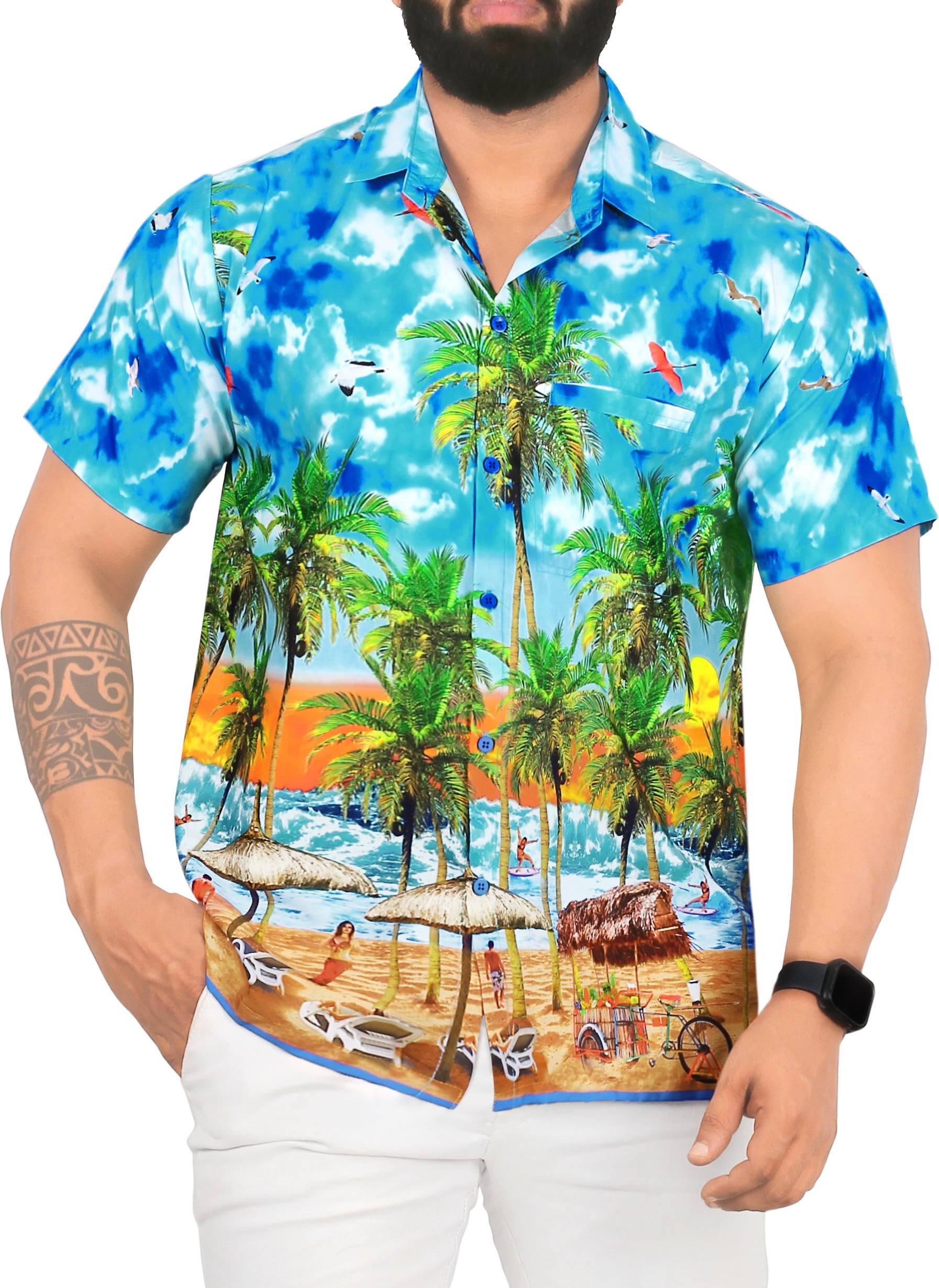 HAPPY BAY Men's Funky Beach Button Down Hawaiian Shirts S Turquoise ...
