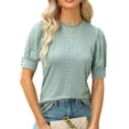 thumbnail image 1 of Mujeres Top corto puff manga redonda Masajeadores de cuello ahueca hacia fuera color puro señora camisa casual para el trabajo diario del verano verde S, 1 of 6