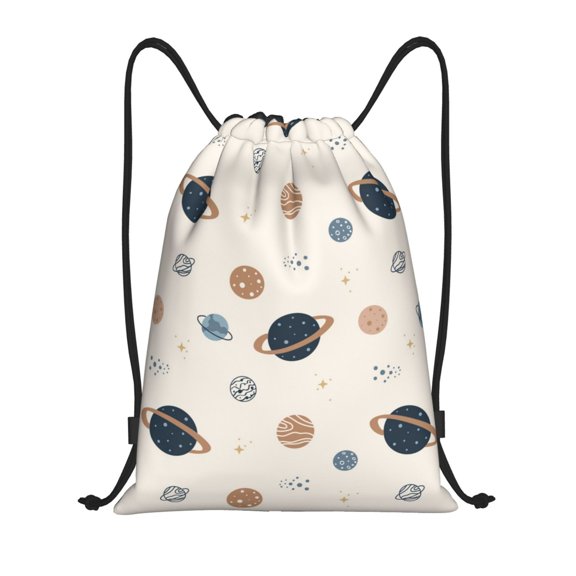 Drawstring Backpack, Men Ladies Waterproof Sports Backpack Gym Bag-Brown Space Planet Pattern-Medium Size