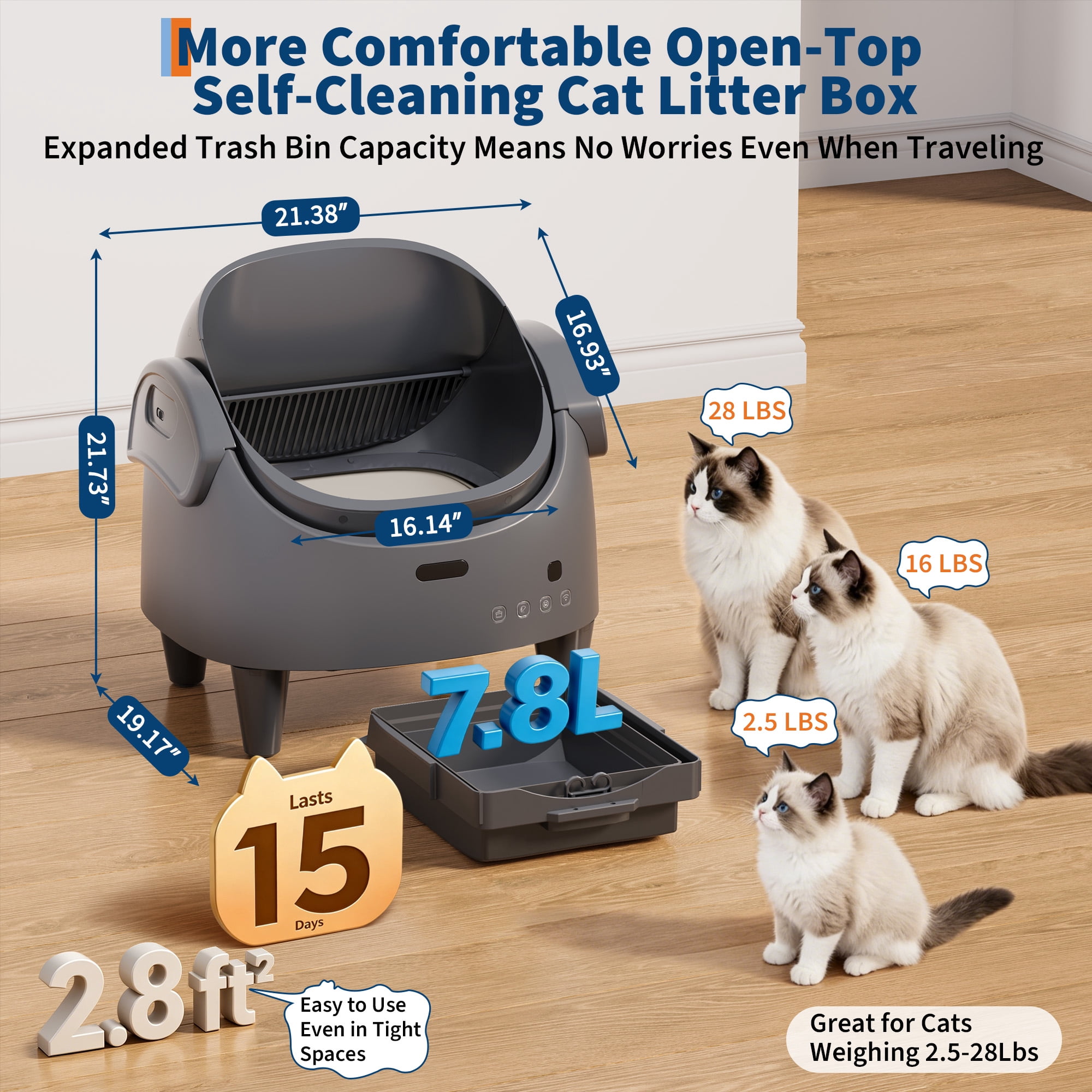 Roromall Self-Cleaning Cat Litter Box, Automatic Litter Box with Open-Top, 15-Layer Safety Protection System & Smart App Control, Cat Litter Box with Adjustable Entry Height & Odor Control