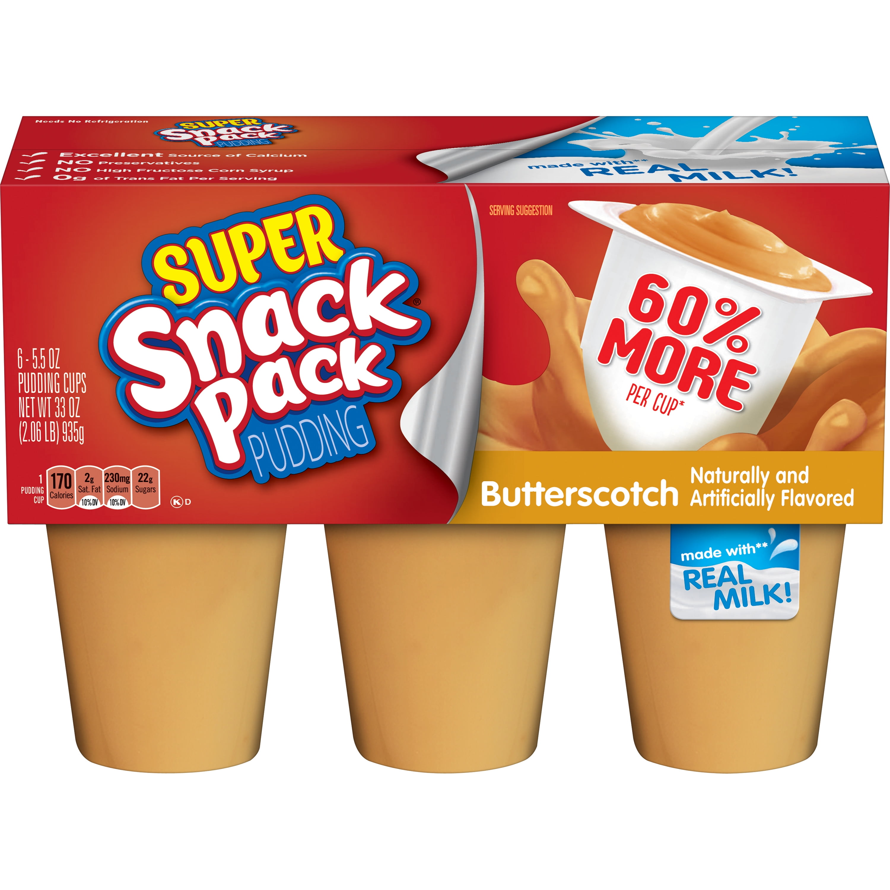 Super Snack Pack Butterscotch Pudding Cups, 6 Count
