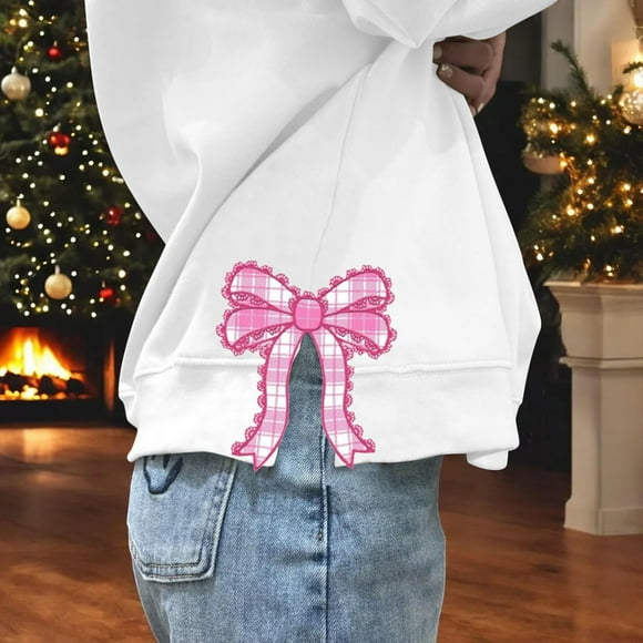 Womens Christmas Sweatshirts Side Bow Appliqué Sweatshirt Oversize Sweatshirts Crewneck Long Sleeve Pullover Top Business Casual Jackets Women Hot Hoodie Warm up Women Pretty Sweater Women Fall Tunic