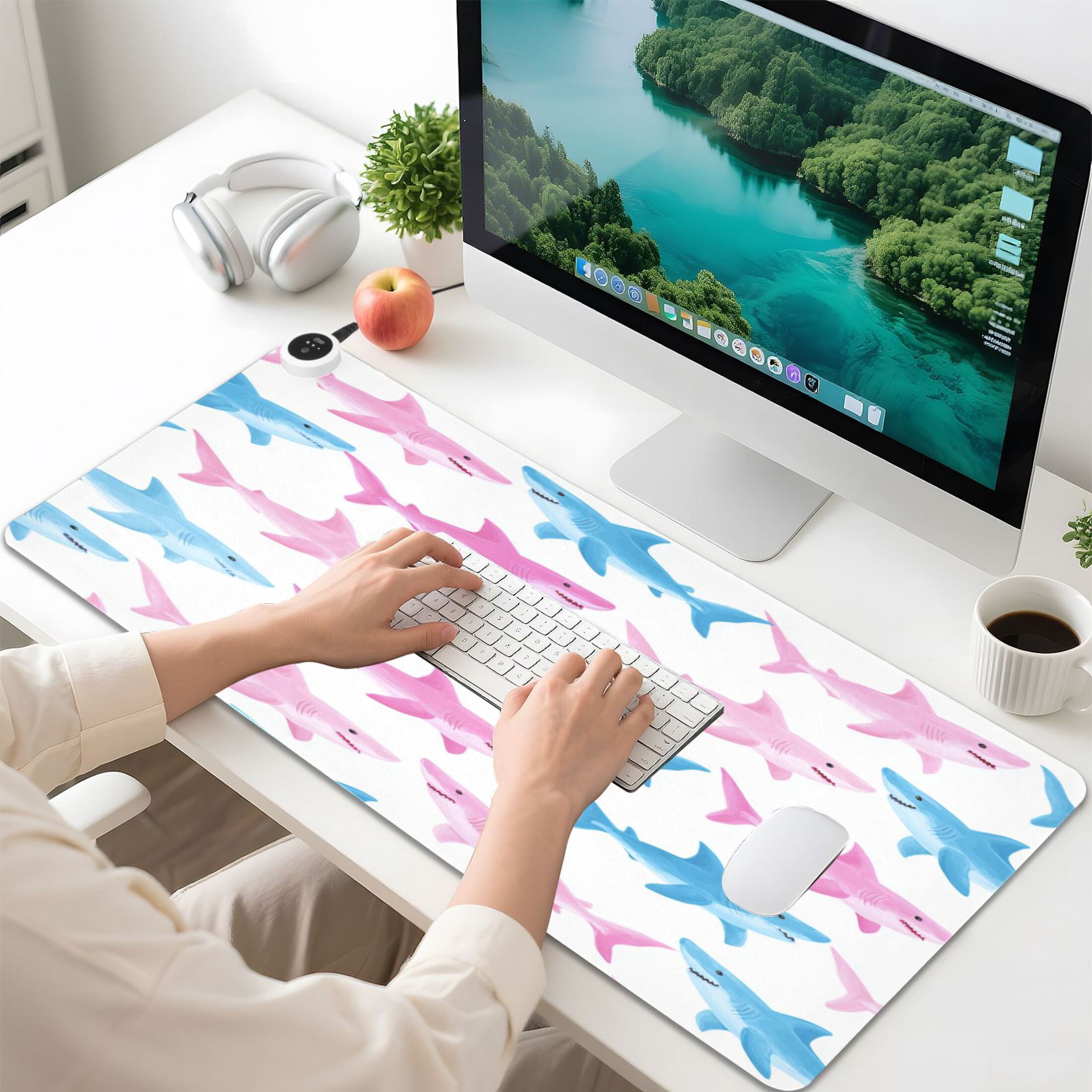 Large Heated Desk Mat Mouse Pad 31.5"x13"PU Leather Graphene Heating Desk Warmer with 3 Temperature Settings 110V US Plug Non-Slip Warm Pad for Home, Office, and Gaming Shark Ocean Wall Art