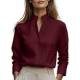 thumbnail image 2 of thefmos Women Fall Winter High Neck Long Sleeve Button Down Blouses Elegant Business Work Tops for Women Cute Trendy Office Dressy Shirts with Solid Color, Red 2XL, 2 of 6