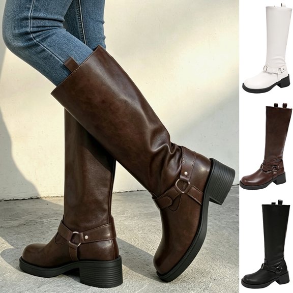 Women Pull on Tall Riding Boots Round Toe Knee High PU Buckle Strap Block Heel Shoes Fall Winter Daily Commute Boots White
