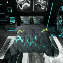 Erosebridal Gradient Cyan Green Honeycomb Bed in a Bag Twin Size, Geometric Hexagon Bed Set, Black Bedroom Decor, Reversible 7 Pieces
