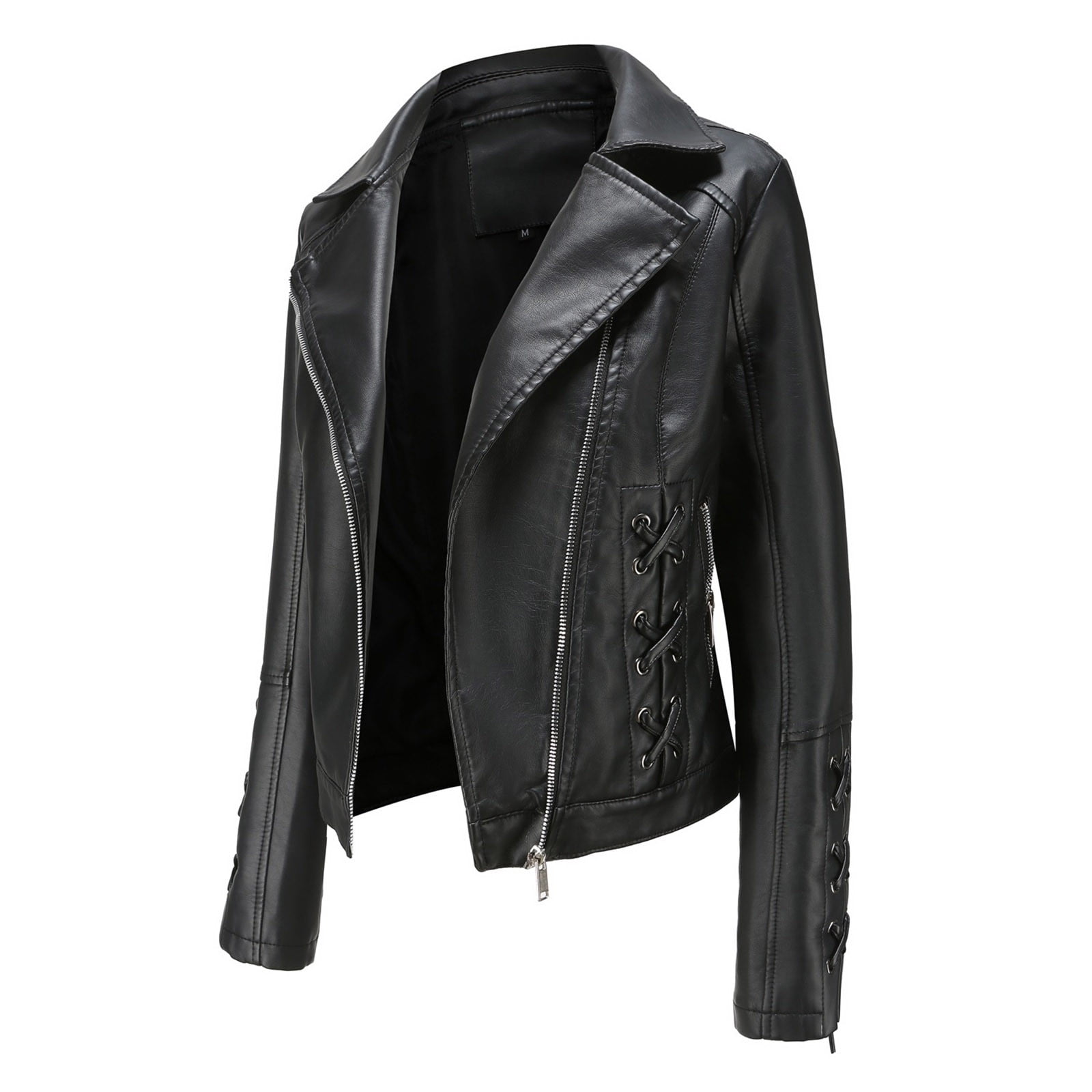 IROINID Women's Short Faux Leather Jacket Notch Lapel Solid Color