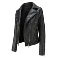 thumbnail image 4 of IROINNID Women's Faux Leather Jacket Notch Lapel Solid Color Long Sleeve Leisure Slim Stand Zip Motorcycle Suit Belt Coat Jacket Tops, Black, 4 of 8