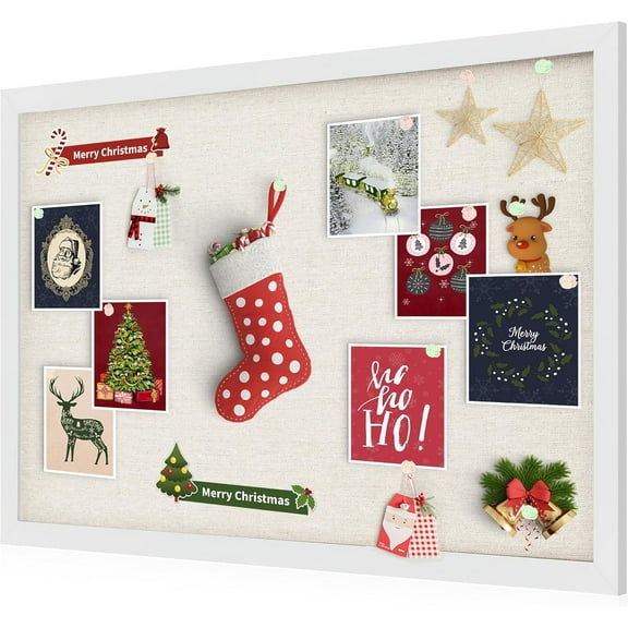 24" x 18" Bulletin Board with Linen Wood Frame Cork Board with 20 Pushpins, Wall and Office Decor for School, Home & Office, White