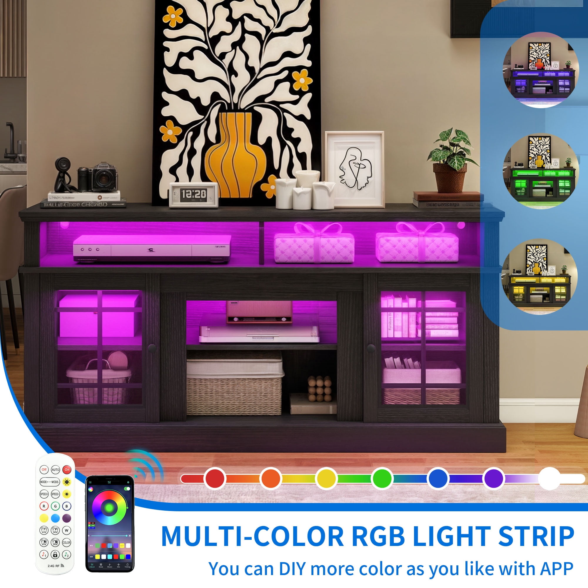 Uforic Farmhouse LED TV Stand for TV up to 70" with Glass Door, Wood TV Media Console for Living Room, White