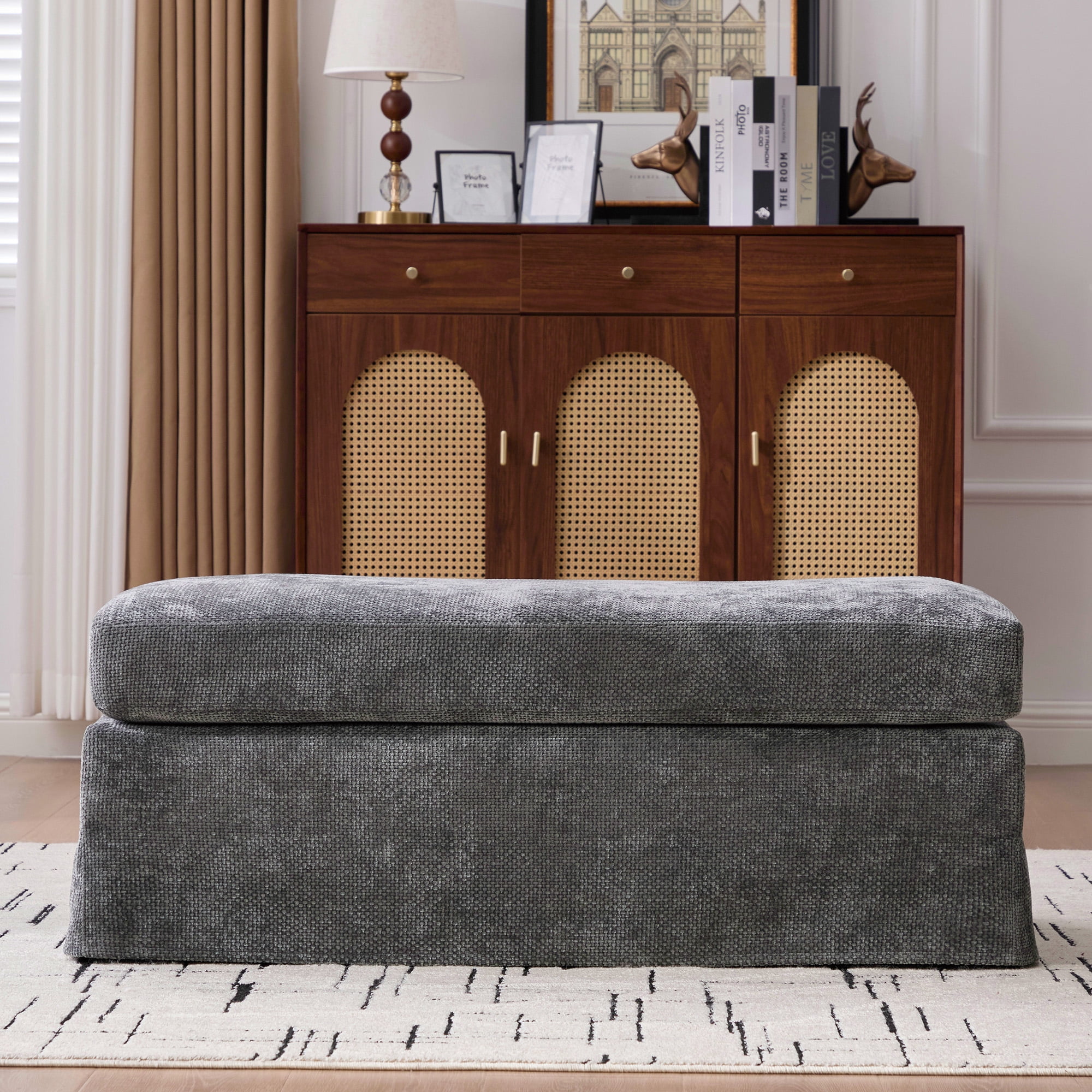 43.7" Wide Modern Upholstered Chenille Ottoman, Foot Stool Square Footrest with Black Metal Legs for Living Room Bedroom Entryway and Office, Charcoal
