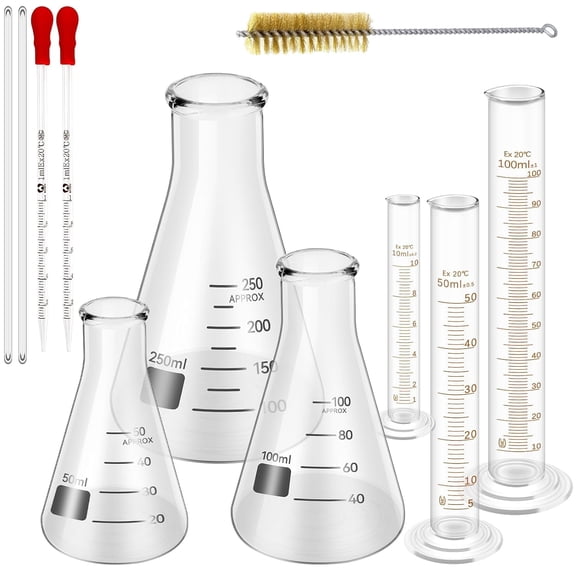 FOUR E's Scientific 11Pcs Lab Glassware Set, Includes 3Pcs Erlenmeyer Flask 50/100/250ml, 3Pcs Graduated Cylinder 10/50/100ml, 2Pcs Glass Dropper, 2Pcs Glass Stirring Rod with Cleaning Brush
