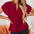 thumbnail image 7 of Women's Wrap Peplum Top Blouse Tie Waist Short Sleeve Solid Color Button Down V Neck Belted Summer Shirts T Shirts, 7 of 7