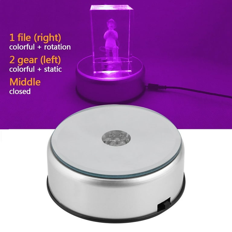 7 Color LED Light Rotating Crystal Display Base Stand Holder with AC US Adapter Silver