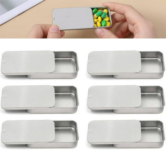 6 Pack Slide Top Tin Box,Empty Metal Containers,Rectangular Hinged Tins Box,Mini Portable Storage Organizer Kit,for Lip Balm Crafts Candies Pills Small Items (2.4" x 1.3" x 0.4" Sliver)