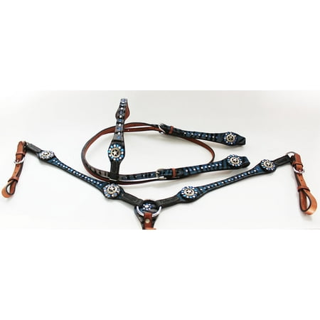 Horse Show Tack Bridle Western Leather Headstall Breast Collar Blue