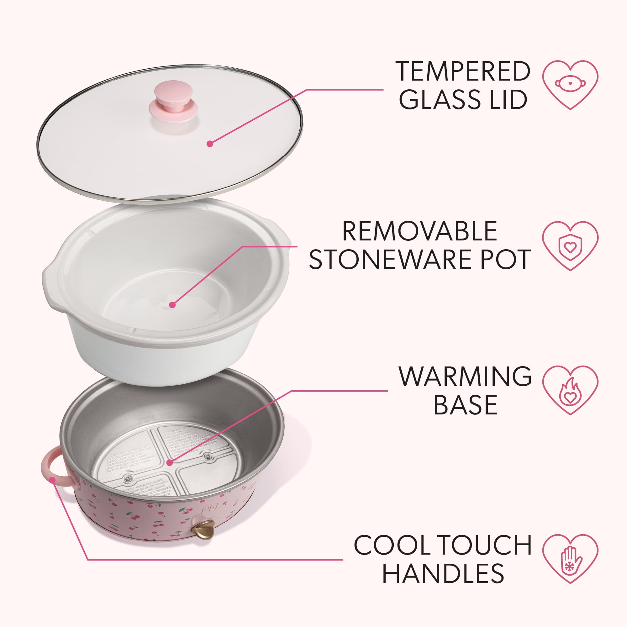Paris Hilton 7-Quart Manual Slow Cooker with Removable Stoneware Pot and Tempered Glass Lid, 3 Heat Settings, Cherry Design, Pink